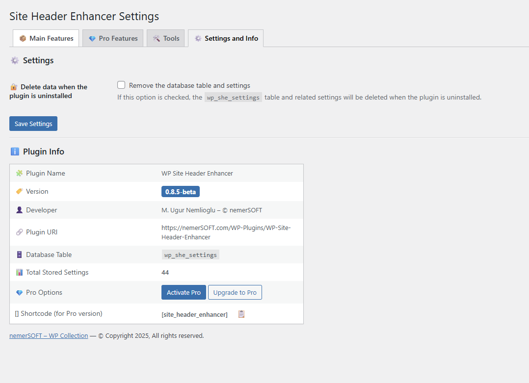 WP Site Header Enhancer screenshot settings